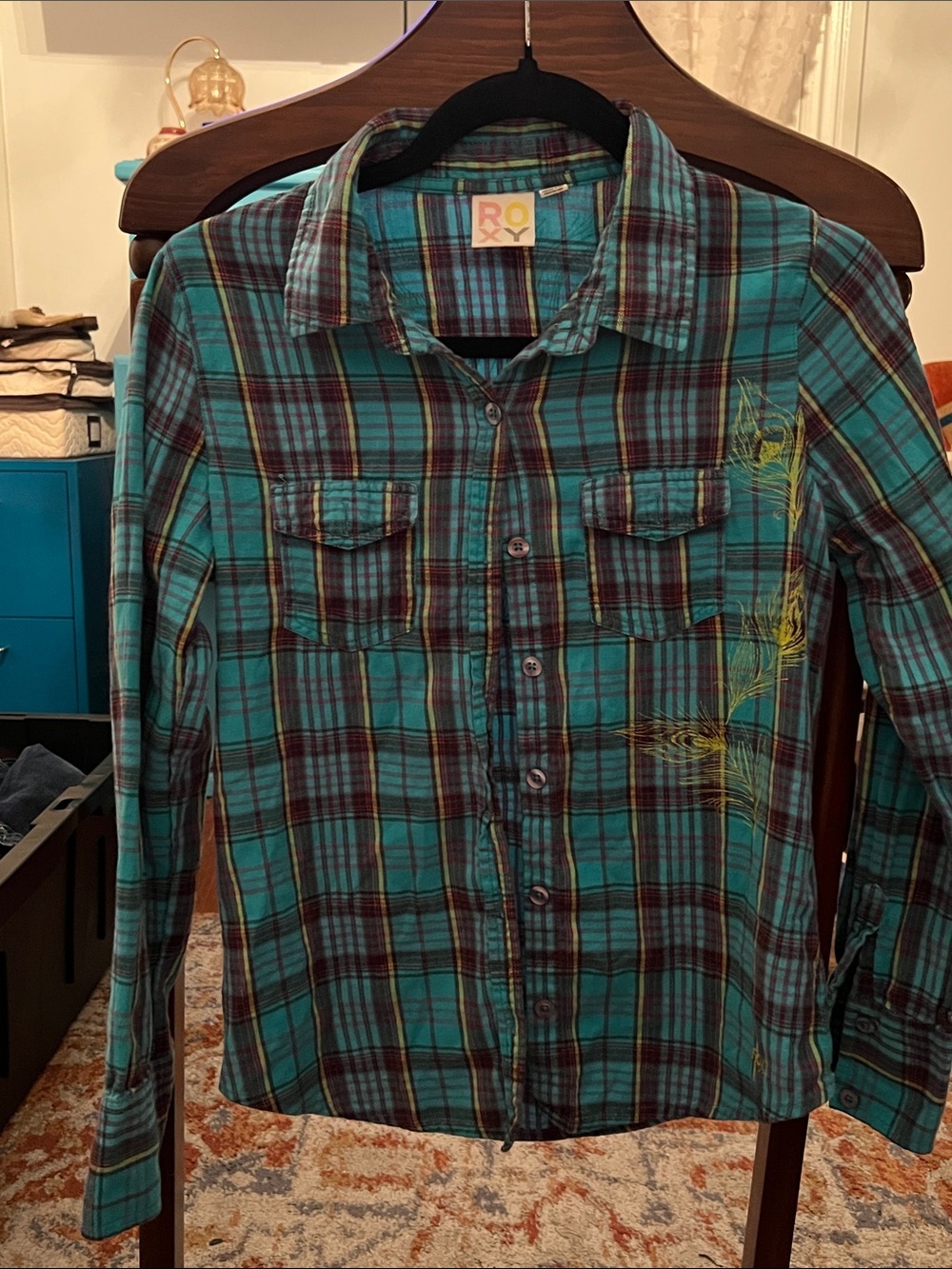 Roxy Vintage Y2K Teal and Brown Plaid Button-Up Shirt
